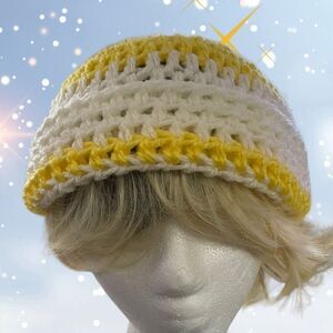 YELLOW N WHITE HANDCRAFTED BEANIE SLOUCH OR FITTED‎